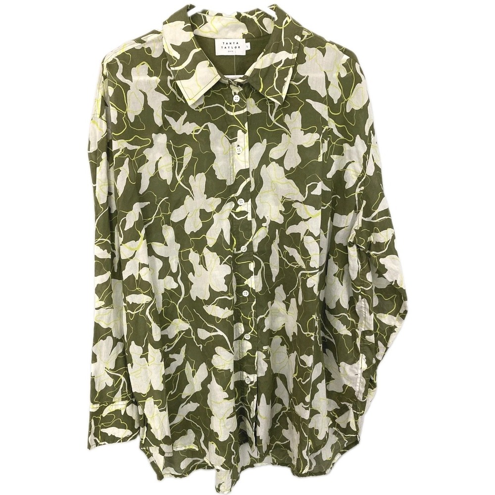 Tanya Taylor Swim Cover Up Womens L Green Floral Button Front Shirt Tunic Cotton